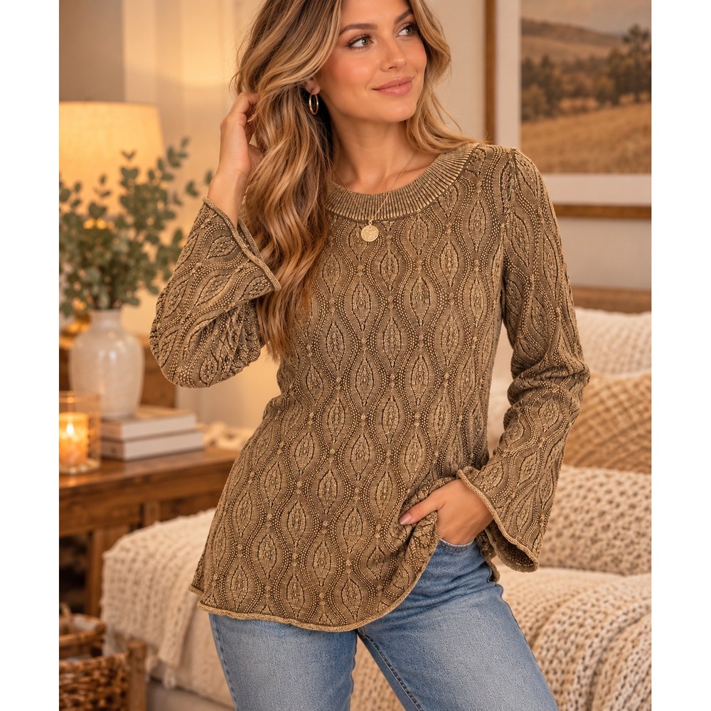 PBJ Blues Acid Washed Brown Pointelle Knit Flared Sleeve Sweater Size M